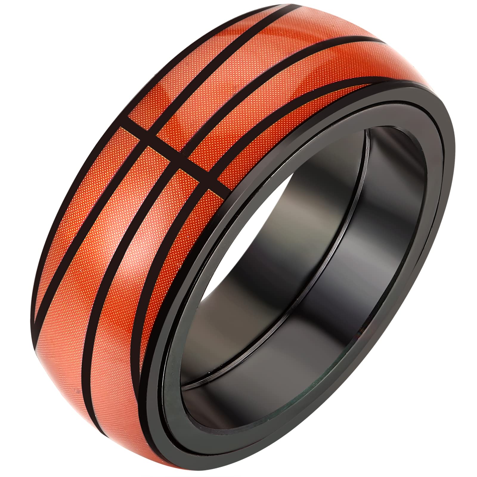 JewelryWe 8mm Spinner Fidget Ring - Stainless Steel Anxiety Ring for Men & Women, Fashion Sports Basketball/Football/Rugby/Baseball Pattern, Black Edge Red Line Ring, Rotatable Design, Durable & Stylish Accessory for Sports & Casual Wear, Sports