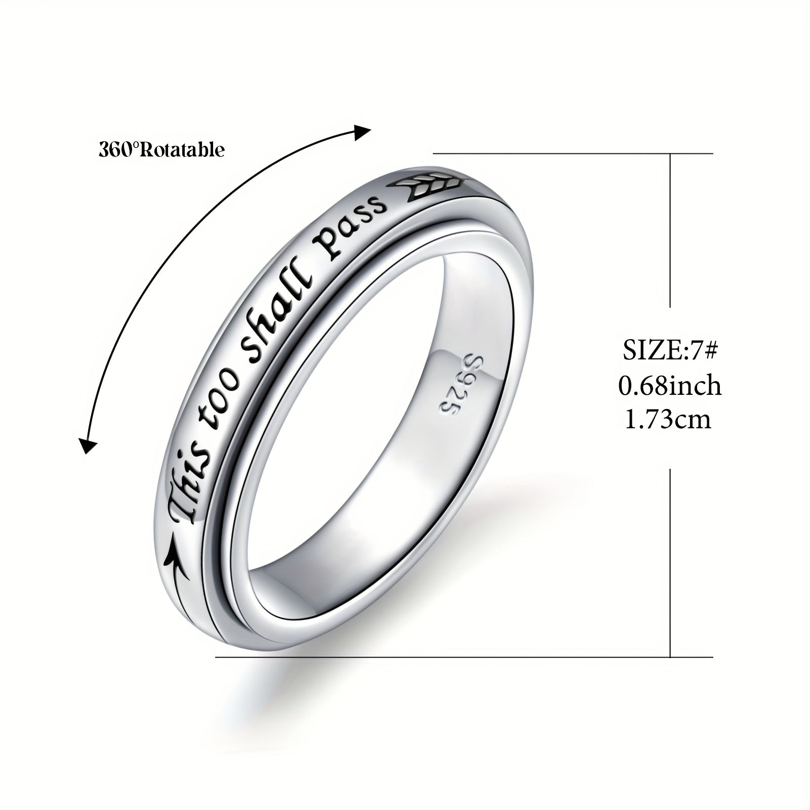 925 Sterling Silver Rotating Ring - "This Too Shall Pass" Quote, Adjustable 5-10 US Size, Bohemian Vintage Style for Women