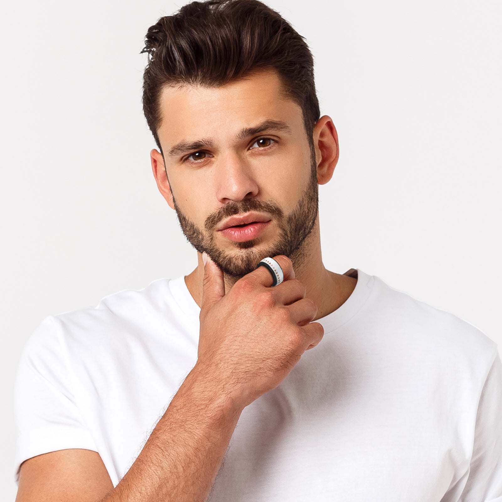 JewelryWe 8mm Spinner Fidget Ring - Stainless Steel Anxiety Ring for Men & Women, Fashion Sports Basketball/Football/Rugby/Baseball Pattern, Black Edge Red Line Ring, Rotatable Design, Durable & Stylish Accessory for Sports & Casual Wear, Sports