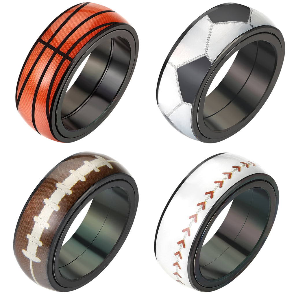 JewelryWe 8mm Spinner Fidget Ring - Stainless Steel Anxiety Ring for Men & Women, Fashion Sports Basketball/Football/Rugby/Baseball Pattern, Black Edge Red Line Ring, Rotatable Design, Durable & Stylish Accessory for Sports & Casual Wear, Sports