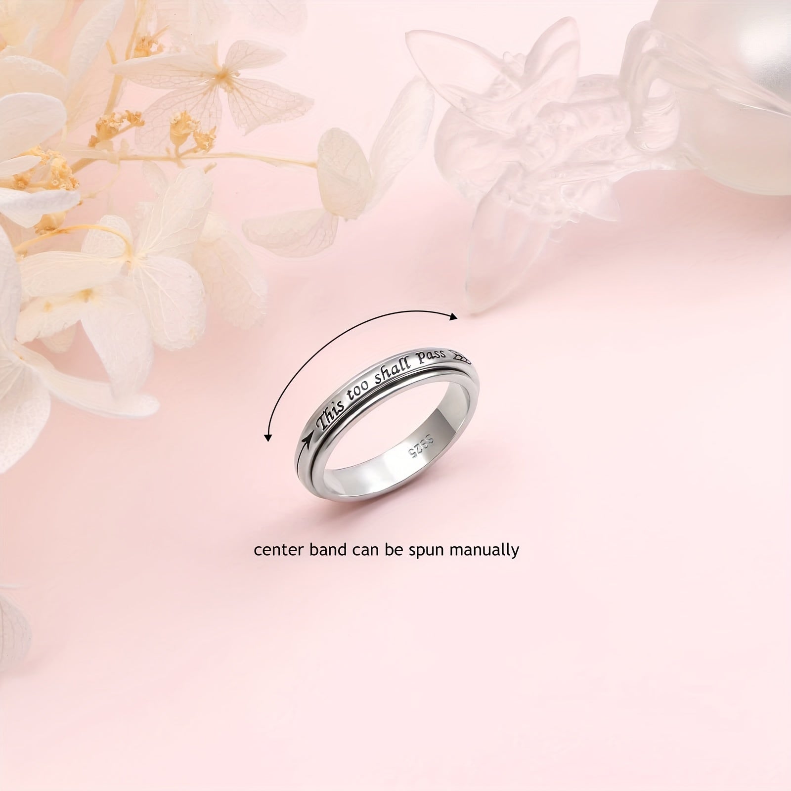 925 Sterling Silver Rotating Ring - "This Too Shall Pass" Quote, Adjustable 5-10 US Size, Bohemian Vintage Style for Women