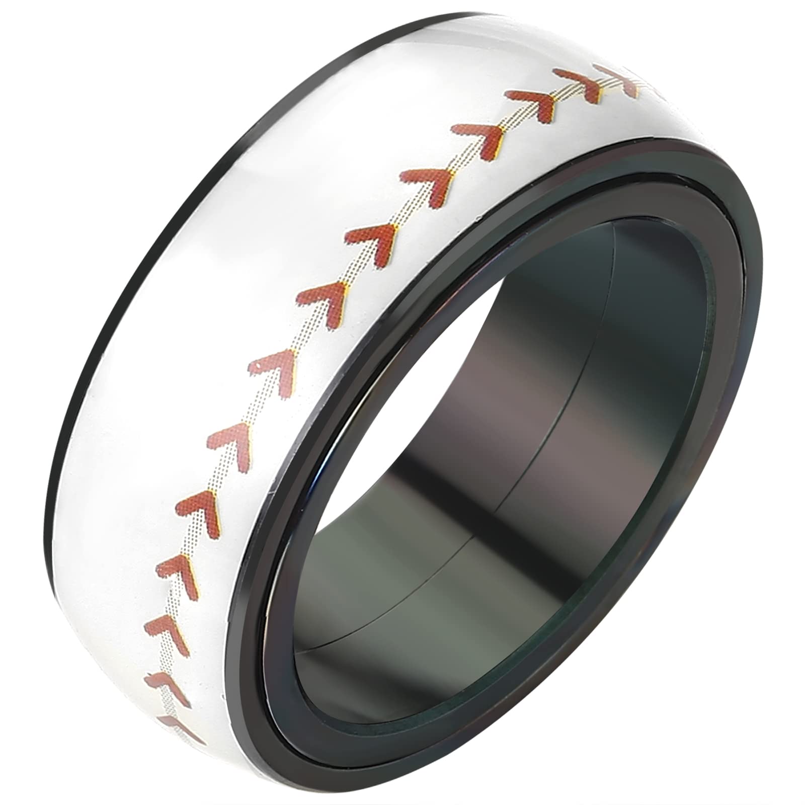 JewelryWe 8mm Spinner Fidget Ring - Stainless Steel Anxiety Ring for Men & Women, Fashion Sports Basketball/Football/Rugby/Baseball Pattern, Black Edge Red Line Ring, Rotatable Design, Durable & Stylish Accessory for Sports & Casual Wear, Sports