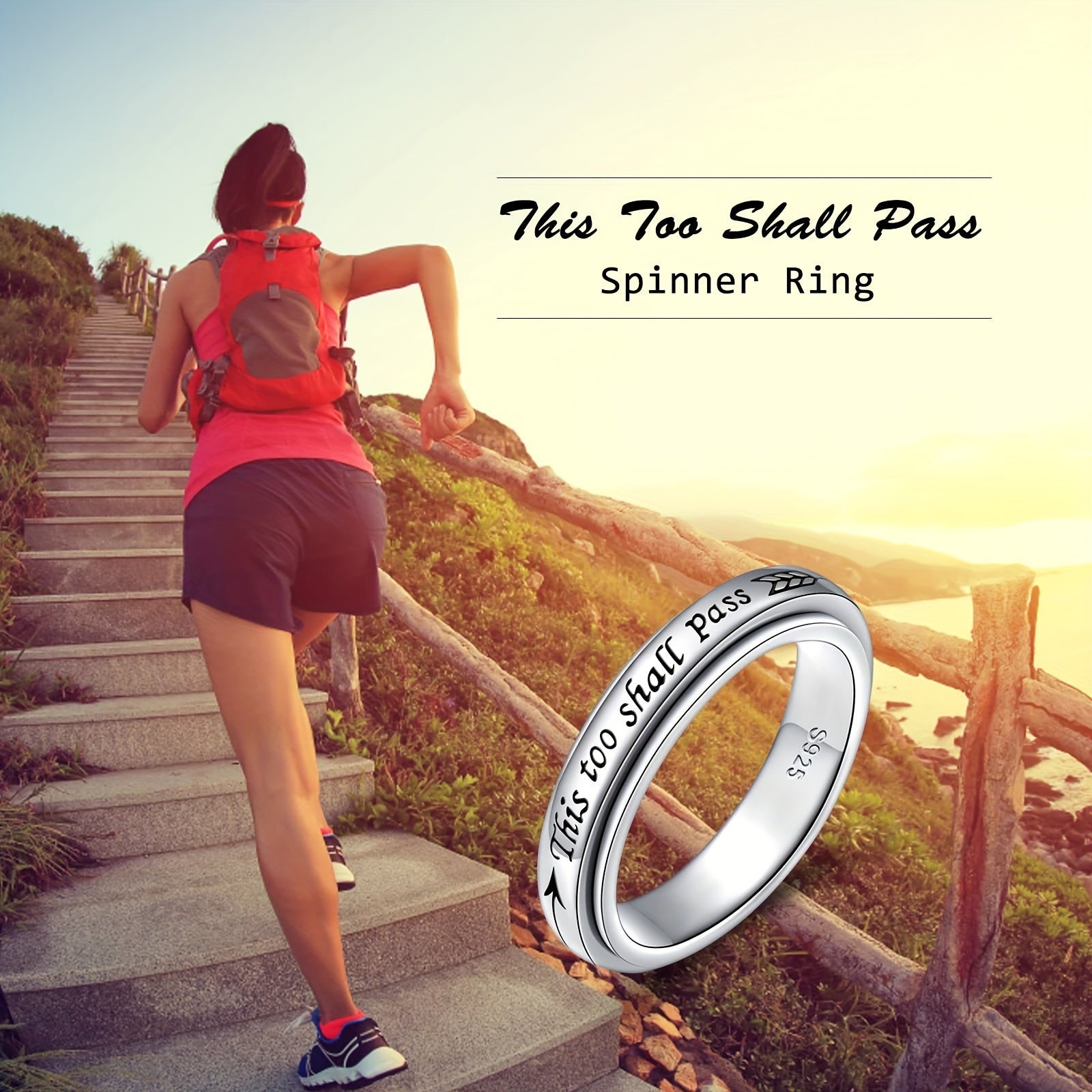 925 Sterling Silver Rotating Ring - "This Too Shall Pass" Quote, Adjustable 5-10 US Size, Bohemian Vintage Style for Women