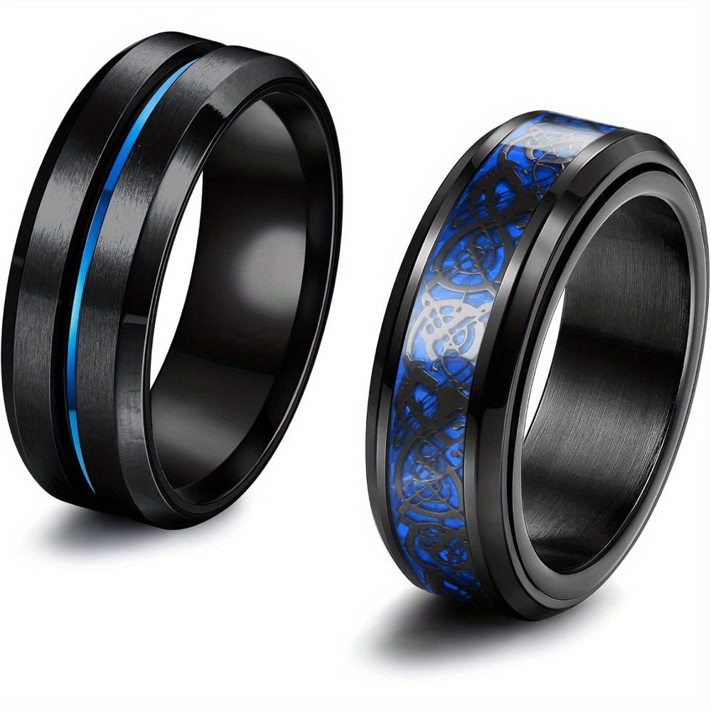[Stainless Steel Spinner Rings] 2pcs 316L Stainless Steel Spinner Rings | Black & Red/Blue Celtic Dragon Fidget Rings for Anxiety Relief, Y2K Style Adjustable Chain Design, Durable Jewelry for Relax & Fidgeting, Fidget Spinners for Adults, Focus Aid Tool,