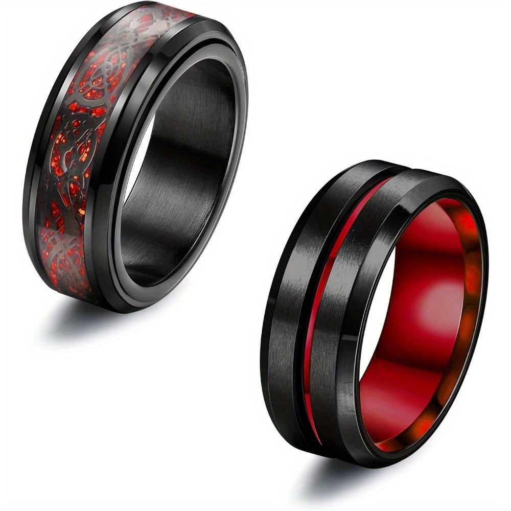 [Stainless Steel Spinner Rings] 2pcs 316L Stainless Steel Spinner Rings | Black & Red/Blue Celtic Dragon Fidget Rings for Anxiety Relief, Y2K Style Adjustable Chain Design, Durable Jewelry for Relax & Fidgeting, Fidget Spinners for Adults, Focus Aid Tool,
