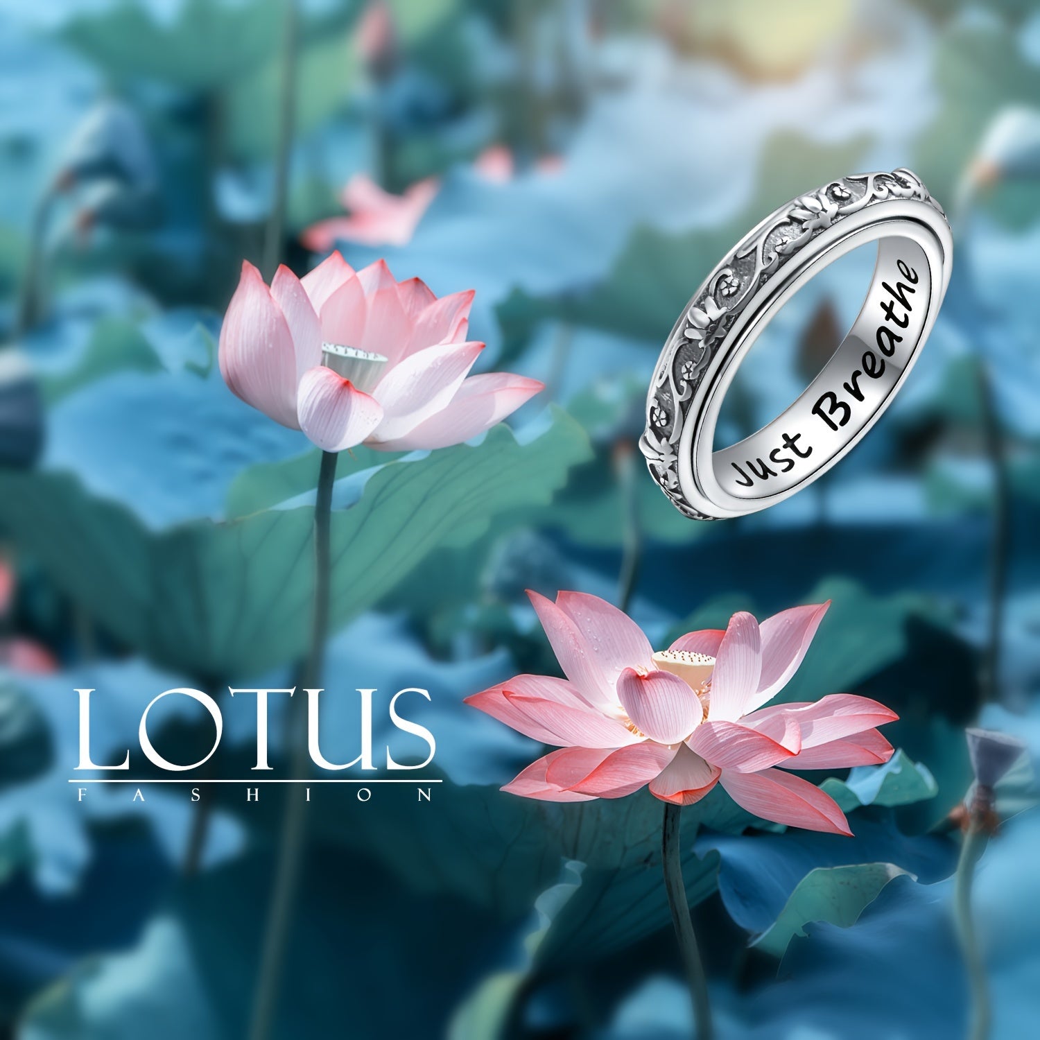 [Sterling Silver Fidget Ring] S925 Sterling Silver Lotus Flower Yoga Ring - Spinner Fidget Ring for Anxiety and ADHD - Oxidized Band for Women