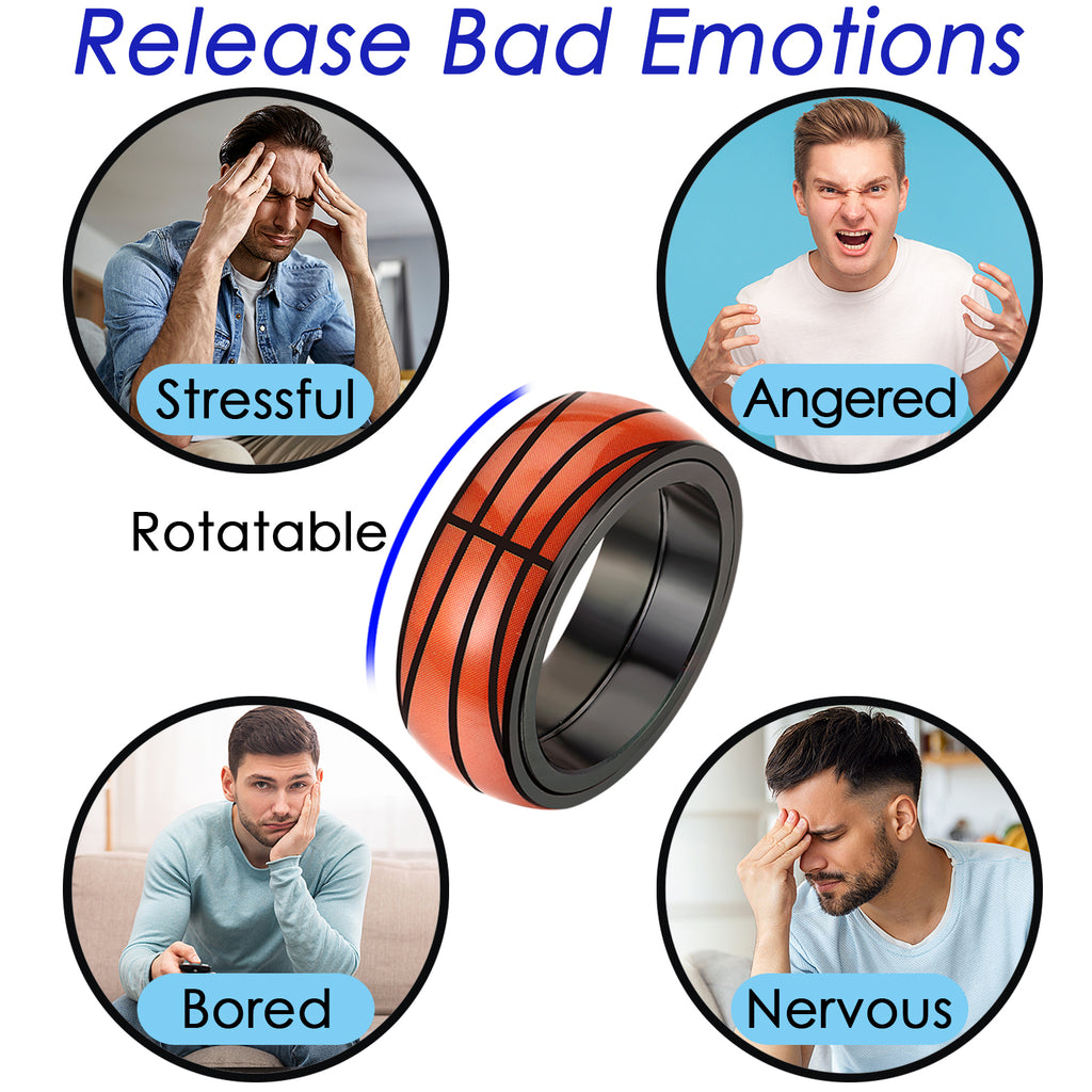 JewelryWe 8mm Spinner Fidget Ring - Stainless Steel Anxiety Ring for Men & Women, Fashion Sports Basketball/Football/Rugby/Baseball Pattern, Black Edge Red Line Ring, Rotatable Design, Durable & Stylish Accessory for Sports & Casual Wear, Sports