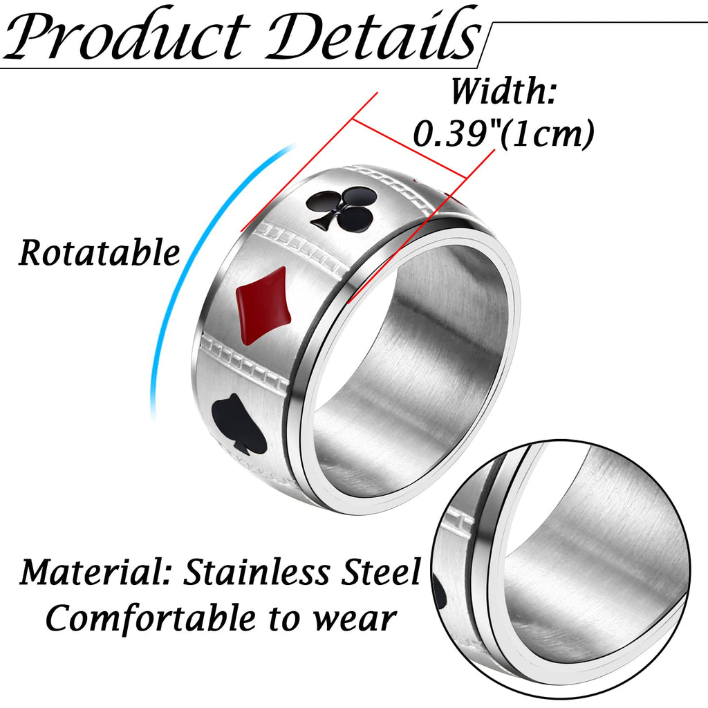 JewelryWe 10mm Poker Spinner Ring Ace Spades Playing Card Rotatable Fidget Anxiety Relief Ring Mens Stainless Steel Bands, Silvery Tone(US 10), Focus Aid, Calming Jewelry, Minimalist Jewelry, Modern Fidget, Smooth Finish, Hypoallergenic Ring, Spinning