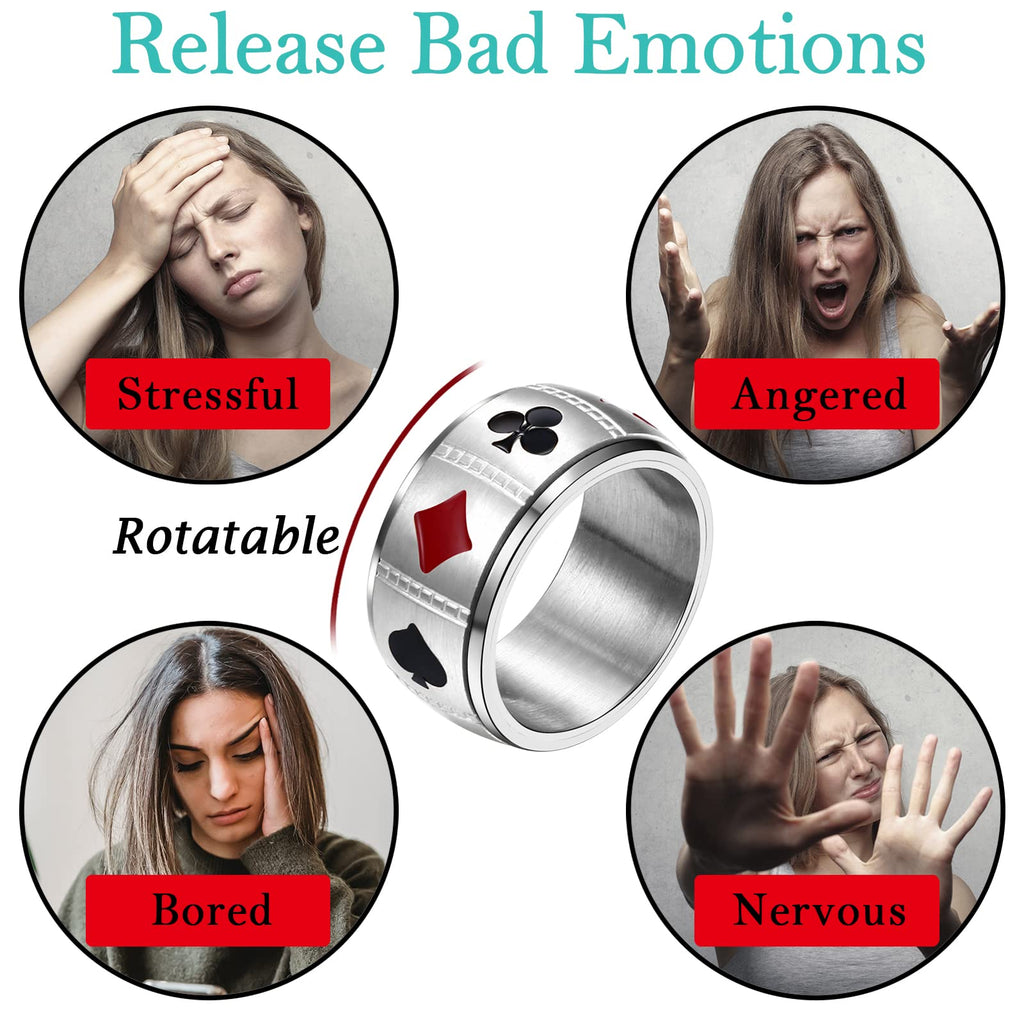 JewelryWe 10mm Poker Spinner Ring Ace Spades Playing Card Rotatable Fidget Anxiety Relief Ring Mens Stainless Steel Bands, Silvery Tone(US 10), Focus Aid, Calming Jewelry, Minimalist Jewelry, Modern Fidget, Smooth Finish, Hypoallergenic Ring, Spinning